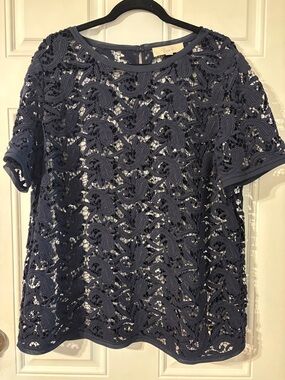 LOFT Navy Crochet Lace Short Sleeve Blouse